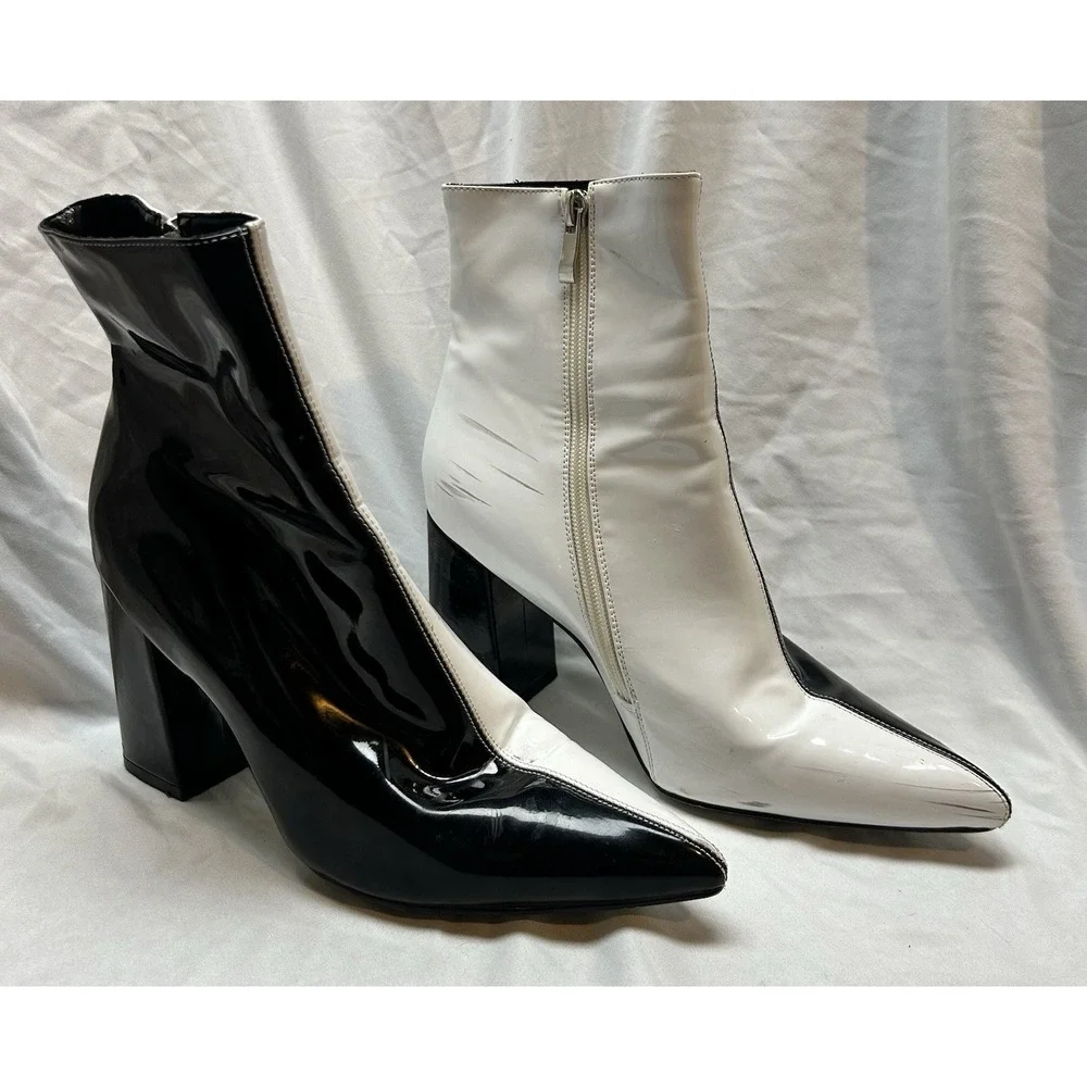 Black White Block Heel Ankle Boots Side Zip Womens 9 Mod Artsy Go Go